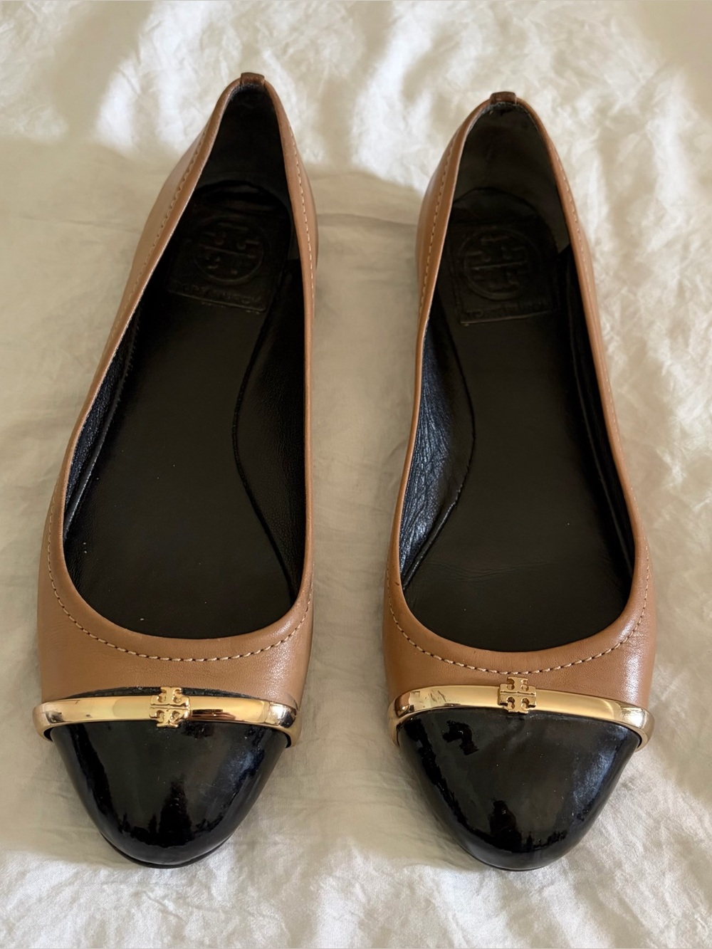 Tory Burch Tan and Black Cap-Toe Leather Ballet Flats with Gold Trim